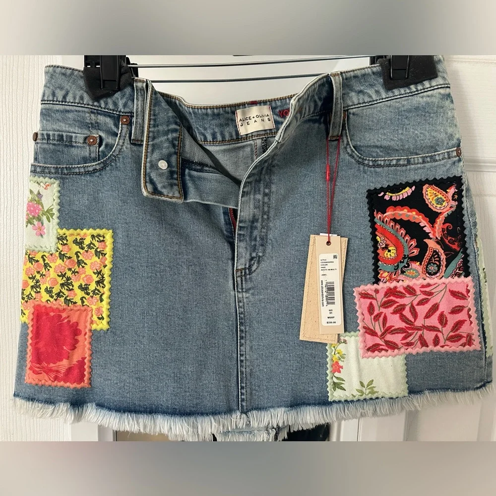 Alice + Olivia Light Wash Denim Patchwork Mini Skirt - Multicolor - Picture 3 of 5